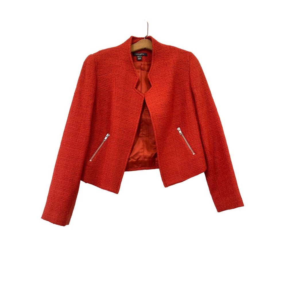 Louben Tweed Open Front Blazer Jacket Women 8 Zippered Pockets Career Office Red